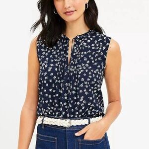 Loft • Navy Floral Ruffle Tie Neck Tank Top
